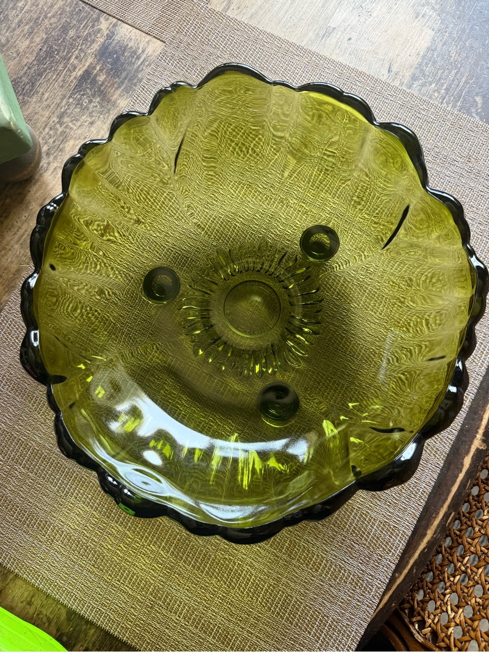 Vintage Indiana Glass Green footed Decorative Bowl